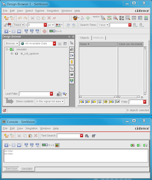 Fig 2. NCSim GUI and Console