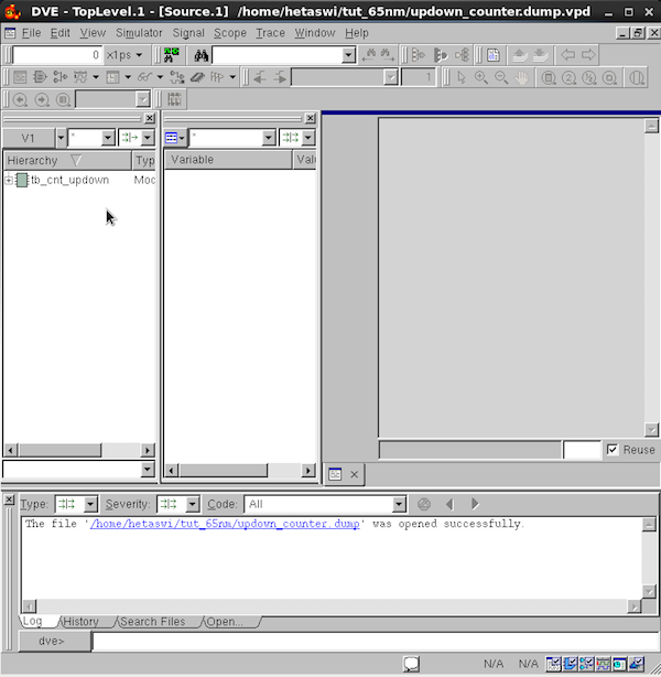 Fig 4. Design waveform screen after updown_counter.dump has been loaded.