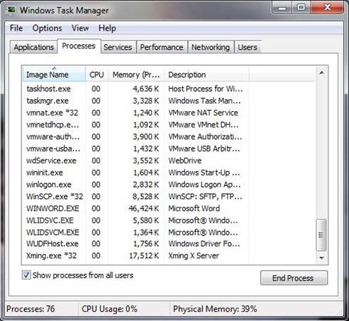 Figure 2. Xming running (Task Manager)